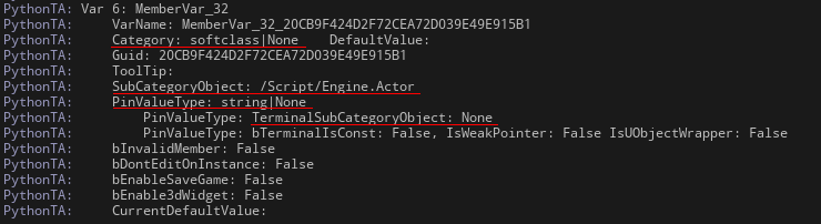 Struct variable descriptions logged in the Output window