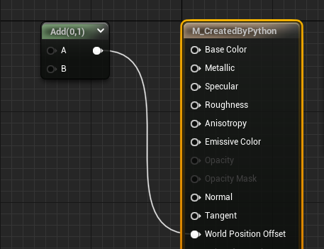 An image of connecting the Add Node to 'World Position Offset' in the Material Editor of Unreal Engine