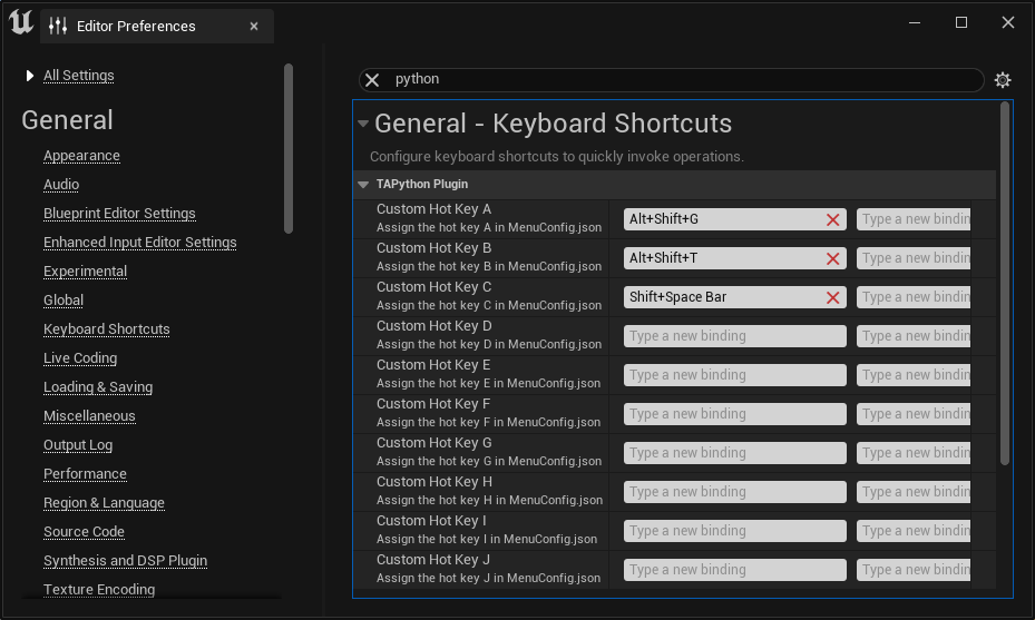 TAPython shortcut settings in Unreal Engine's Editor settings