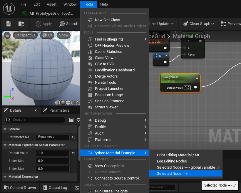 Menu for setting selected node to variable _r in Unreal Engine Material Editor